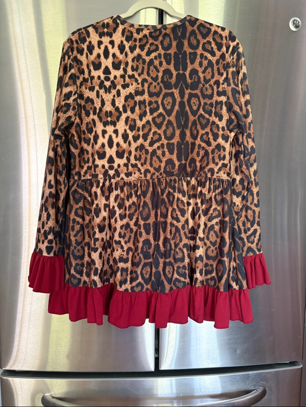 Sweet Modesty Women’s Leopard Print Ruffle-Trim Blouse in Brown and Rust/Red - Picture 7 of 7